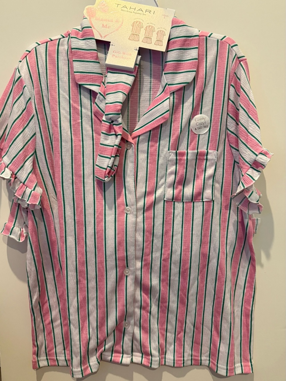 VIRAL!! Tahari Adult Pink/Green Striped Short PJ’s with Headband- Size L- NWT